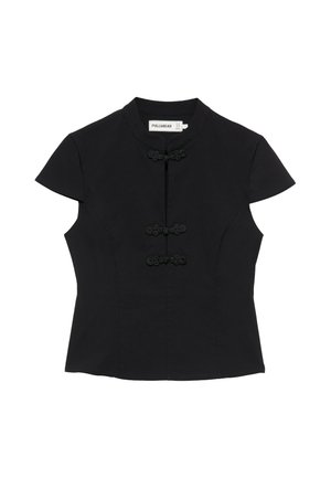 PULL&BEAR, SHORT SLEEVE STAND COLLAR KNOT DETAIL - TOP - Blouse - black