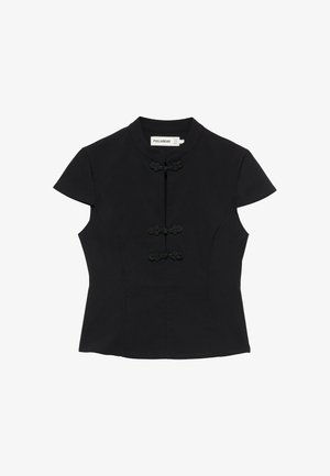 PULL&BEAR, SHORT SLEEVE STAND COLLAR KNOT DETAIL - TOP - Blouse - black