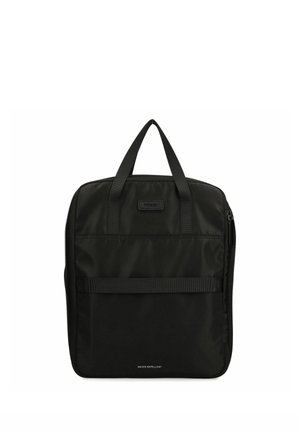 Black rectangular water-repellent bag with top handles, front horizontal strap, and side zipper, designed for carrying documents or a laptop.