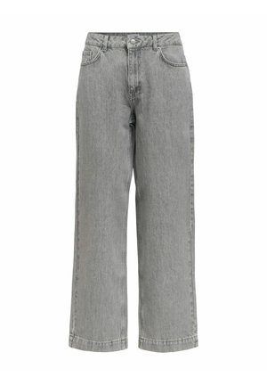 Jeans grigi in denim a vita alta e gamba dritta, con chiusura frontale con bottoni e zip, tasche anteriori e posteriori e passanti per cintura.