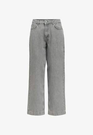 Jeans grigi in denim a vita alta e gamba dritta, con chiusura frontale con bottoni e zip, tasche anteriori e posteriori e passanti per cintura.