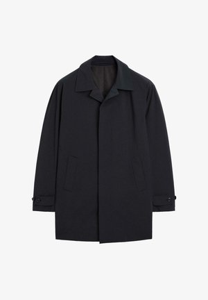 Black trench coat made of a smooth fabric. Features a wide collar, front button closure, and two side pockets. Long sleeves with button cuffs.