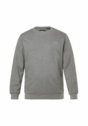 Šedá mikina s dlouhými rukávy, kulatým výstřihem, žebrovanými manžetami a lemováním, na hrudi s malým světle šedým logem písmene "M".