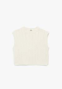 Cremefarvet ærmeløs striktop med en tekstureret kabelmønster, rund hals og cropped længde. Fremstillet af blødt garn.