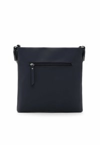 Borsa a tracolla in pelle blu navy con una superficie liscia, forma rettangolare e una tasca anteriore con zip. Include una tracolla regolabile.