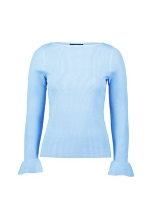 Lichtblauwe geribbelde sweater met lange mouwen en uitlopende manchetten, gemaakt van textuurstof, met een ruime halslijn en een aansluitende silhouet.