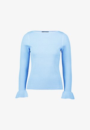 Világoskék bordás pulóver hosszú ujjal és harangujjakkal, texturált anyagból készült, széles nyakkivágással és testhez simuló siluettel.