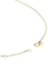 Goldkette mit ovalen Gliedern, ausgestattet mit einem runden Karabinerhaken und einem kleinen Anhänger. Glatte Textur und Hochglanz-Oberfläche.