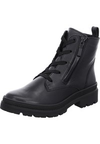 Bottine en cuir noir avec un laçage à l'avant, fermeture éclair sur le côté, bout rond et semelle en caoutchouc texturé pour une meilleure adhérence. Détail de couture.