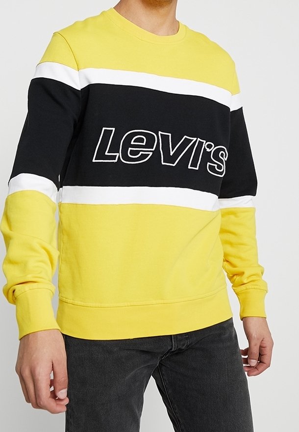 Žlutá a černě pruhovaná mikina s bílými akcenty, s výrazným logem "Levi's", vyrobená z bavlněné směsi, se standardním kulatým výstřihem a žebrovanými manžetami.