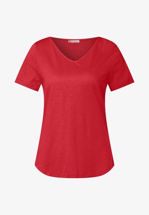 Rode V-hals T-shirt met korte mouwen, zachte textuur, losse pasvorm en een licht gebogen zoom. Merklabel gestikt bij de hals.