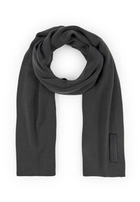 Mörkgrå scarf gjord av mjukt tyg, med en slät textur och en minimalistisk design samt en liten svart märkestagg.