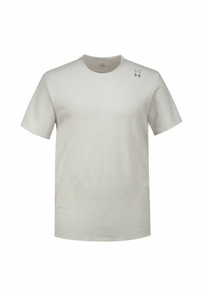 Light gray athletic t-shirt with short sleeves, featuring a textured surface and small perforations, round neck, and a logo on the upper left.