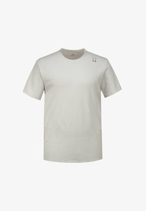 Lysegrå trænings T-shirt med korte ærmer, der har en struktureret overflade og små perforeringer, rund hals og et logo på den øverste venstre side.