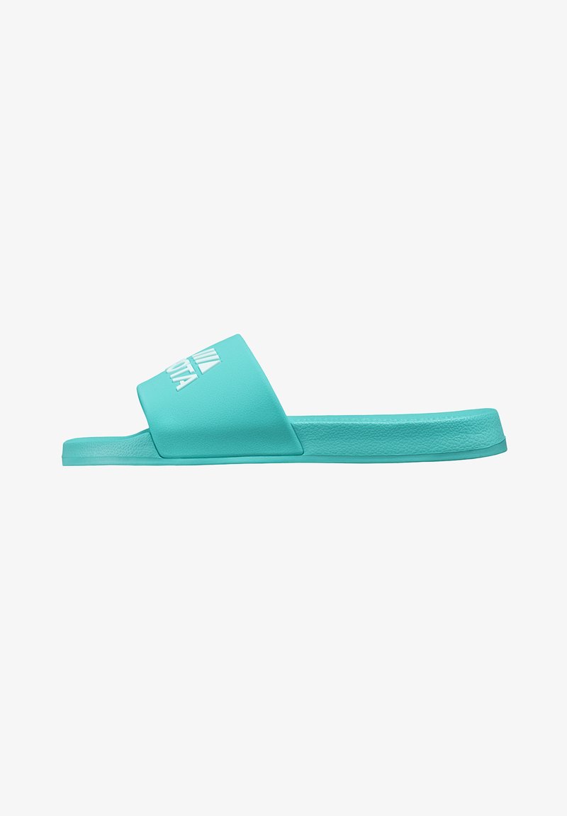 Turquoise slide sandal with a textured strap, flat sole, and white logo detail. Made from soft synthetic material for comfort.