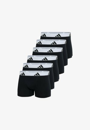 Schwarze Boxershorts mit einem weißen elastischen Bund, der drei schwarze Streifen aufweist. Der Stoff hat eine glatte Textur und ein enganliegendes Design.