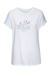 Valge lühikeste varrukatega T-särk, mis on valmistatud pehmest kangast, kus on helesinise ja kuldse lillede graafika print ning allpool tekst "PARIMAD PÄEVAD ON TULEKUL".