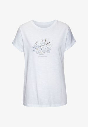 Valge lühikeste varrukatega T-särk, mis on valmistatud pehmest kangast, kus on helesinise ja kuldse lillede graafika print ning allpool tekst "PARIMAD PÄEVAD ON TULEKUL".