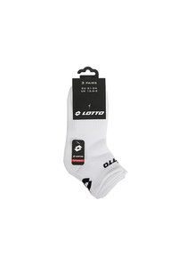 Tres pares de calcetines tobilleros blancos de la marca Lotto con logos negros y etiqueta de tallas EU 31-34, UK 12.5-2 adjunta.