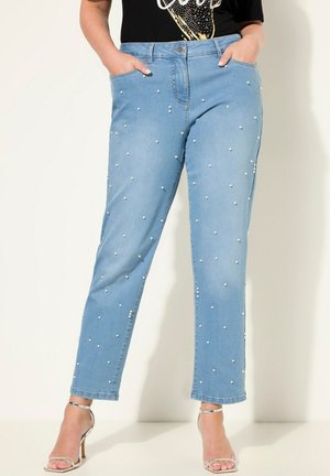Hellblaue Jeans aus Denim mit Perlenverzierungen, geradem Bein, klassischen Taschen und mittelhoher Taille.