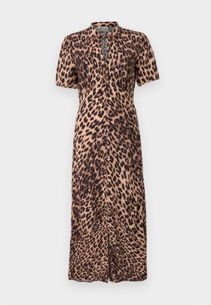 Šaty s leopardím potiskem, krátkými rukávy, výstřihem ve tvaru klíče a rovnými liniemi. Vyrobené z hladkého materiálu, mají přední rozparek.