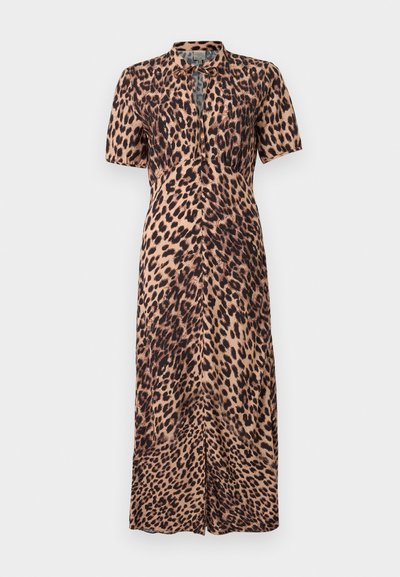 Leopardų raštuotas suknelė su trumpomis rankovėmis, rakto skylutės iškirpte ir tiesia siluetu. Pagaminta iš lygaus audinio, turi priekinius plyšius.