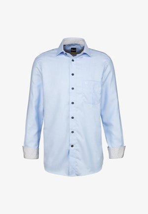 Hellblaues Hemd mit Knopfleiste aus strukturiertem Stoff, ausgestattet mit einer Brusttasche, dunklen Knöpfen und gemusterten Manschetten mit weißen Akzenten.