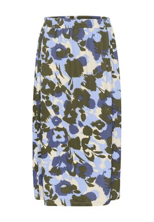 Gonna floreale con cintura arricciata. Presenta motivi floreali blu e verdi su uno sfondo crema. Realizzata in tessuto strutturato.