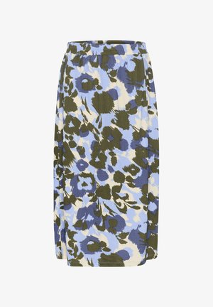 Gonna floreale con cintura arricciata. Presenta motivi floreali blu e verdi su uno sfondo crema. Realizzata in tessuto strutturato.