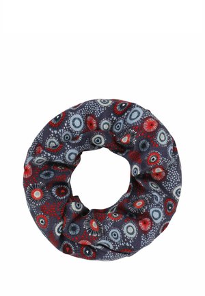 Circular fabric scrunchie with a dark background and red, white, and blue circular floral patterns.