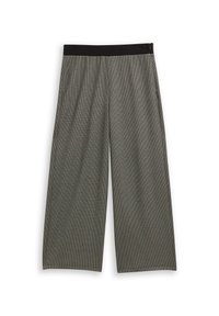 Brede pantalons van een gestructureerde grijze stof, met een zwarte elastische tailleband en een losse, vloeiende snit.