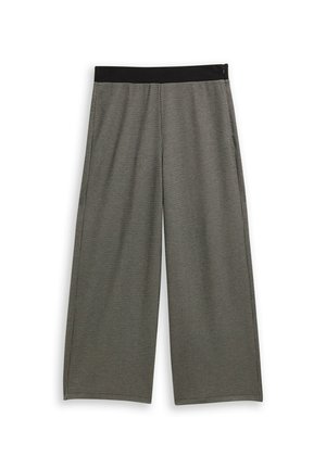 Brede pantalons van een gestructureerde grijze stof, met een zwarte elastische tailleband en een losse, vloeiende snit.