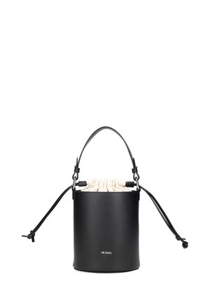 Schwarze Ledertasche im Beuteldesign mit Kordelzugverschluss; beige Stoffauskleidung. Verfügt über einen oberen Griff und einen verstellbaren Schulterriemen für bequemen Transport.