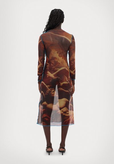 Sheer mesh dress featuring a printed classical artwork design in warm tones, long sleeves, midi length, and contrasting blue stitching details.