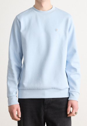 Lichtblauwe sweatshirt met lange mouwen, ribbelboord bij de hals en manchetten. Heeft een klein logo op de borst. Zacht materiaal met een gladde textuur.