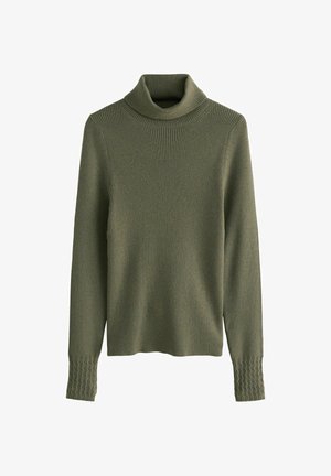 Olivinės žalios spalvos glamži turtlenecko megztinis su ilgomis rankovėmis ir tekstūruotomis rankogaliais, pagamintas iš minkštos mezgimo medžiagos.