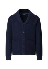 Cardigan blu navy con texture a costine, colletto a scialle, chiusura con sei bottoni e due tasche frontali. Realizzato in un materiale morbido.