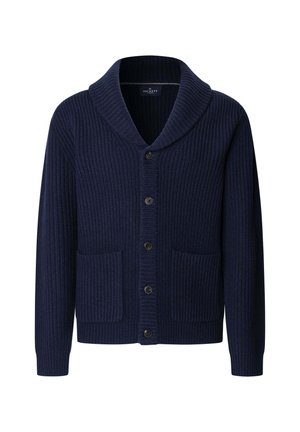 Marineblauwe cardigan met een ribbelstructuur, sjaalkraag, zes knoopsluitingen en twee voorzakken. Gemaakt van een zacht materiaal.
