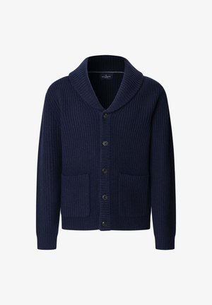 Granatowy sweter z prążkowaną fakturą, z kołnierzem szalikowym, z sześcioma guzikami i dwoma przednimi kieszeniami. Wykonany z miękkiego materiału.