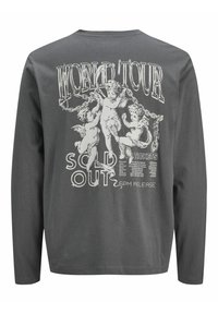 Graues Langarm-T-Shirt mit einem weißen Grafikdruck von Cherubs mit Ketten, Text "WELTTOUR AUSVERKAUFT" und Tourdaten.