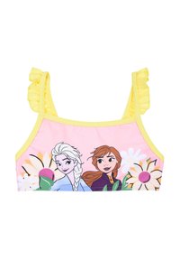 Top da bagno con personaggi animati su un tessuto rosa, con spalline gialle arricciate e disegni floreali. Texture liscia con colori vivaci.