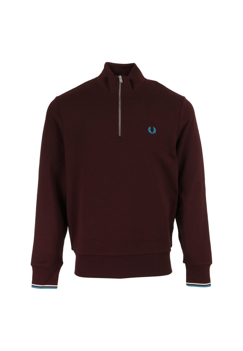 Burgundy zip-up sweatshirt in a soft fabric, featuring a ribbed hem and cuffs with blue and white stripe accents. Embroidered logo on chest.