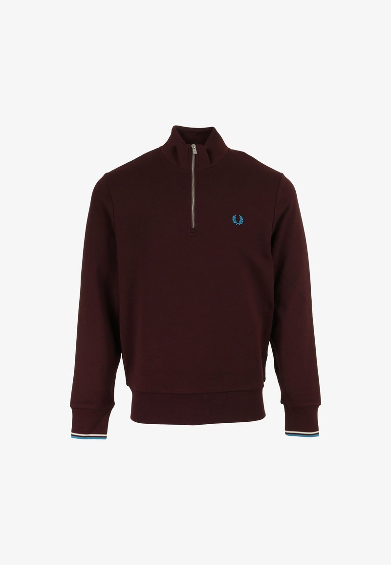 Bordeaux ritsweatshirt van een zachte stof, met een geribbelde onderrand en boorden met blauwe en witte streepaccenten. Geborduurd logo op de borst.