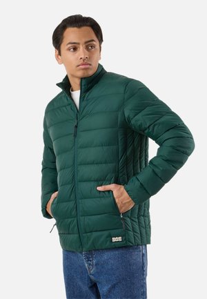 Jeune homme aux cheveux foncés portant une veste matelassée verte, les mains dans les poches, regardant vers sa gauche sur un fond uni.