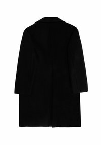 Schwarzer Wollmantel mit Kragen, langen Ärmeln und geradem Schnitt. Glatte Textur ohne sichtbare Muster oder Beschläge. Rückansicht.