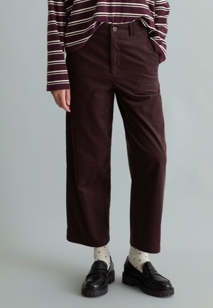 Personne portant un pantalon large marron foncé, des chaussettes crème à pois noirs, des mocassins noirs et une chemise à manches longues rayée bordeaux, avec une main dans la poche.