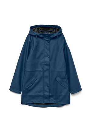 Imperméable bleu marine avec capuche, boutons-pression à l'avant, cordons de serrage et deux poches avant à rabat avec boutons.