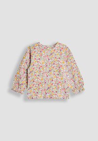 Langärmliges Kleinkinder-Shirt mit rosa, gelben und orangen Blumenmuster auf weißem Hintergrund, mit elastischen Bündchen.