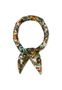 Bunt gemusterter Seidenschal mit einem Blumenmotiv in den Farben Grün, Braun, Orange und Blau, der in einer Schlaufe mit zwei spitzen Enden gebunden ist.
