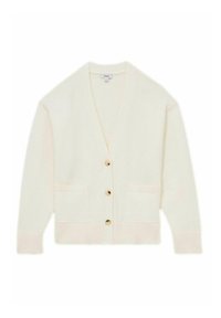 Cardigan crema con scollo a V, tre bottoni, due tasche e polsini a costine. Realizzato in materiale morbido, con una texture liscia.